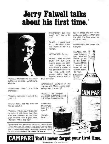 Satirical interview with evangelist Jerry Falwell in the November 1983 Issue of Hustler Magazine