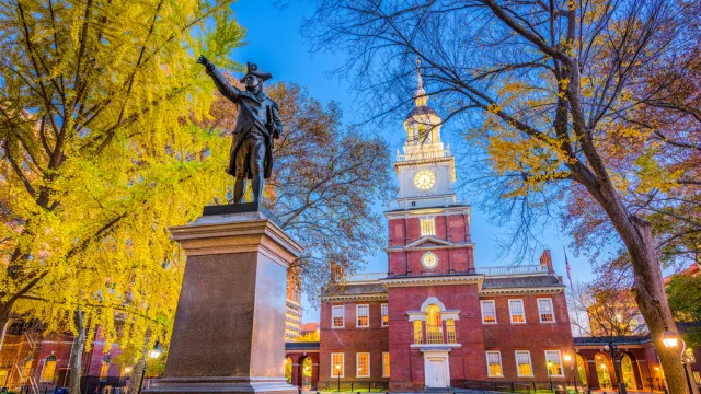 Independence Hall in Philadelphia at dusk
