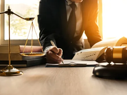Lawyer working contract papers wooden gavel court justice law attorney 
