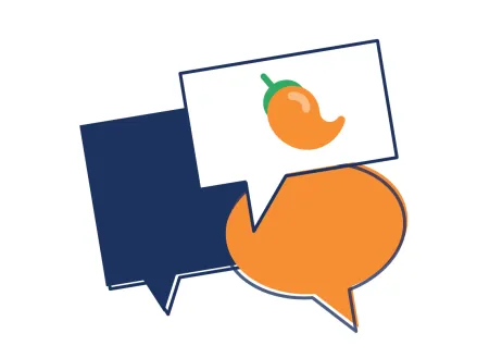 Speech bubbles and a sign with a chili pepper on it
